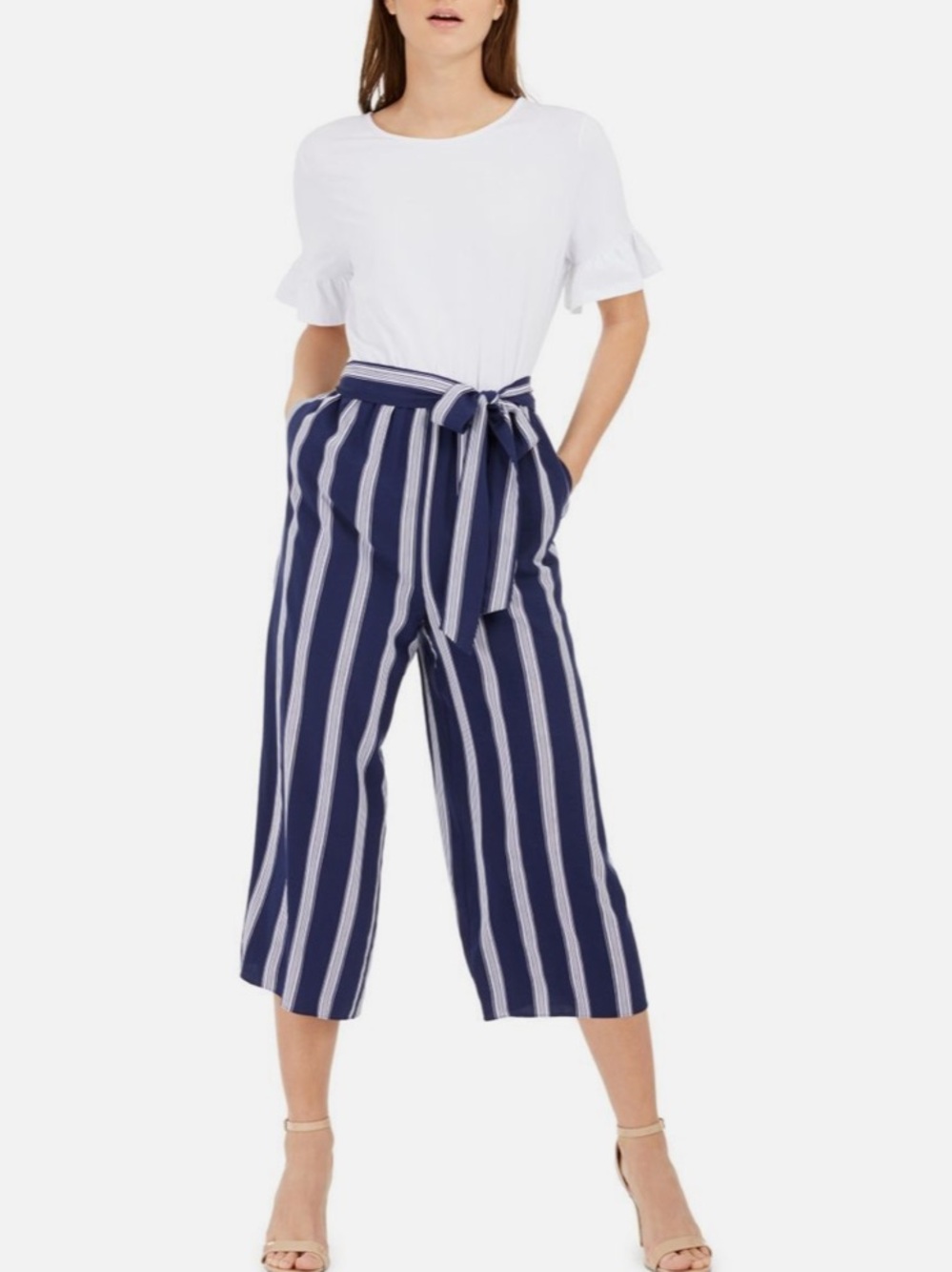 Maison Jules Navy and White Striped Ankle Culotte Pants Size Large